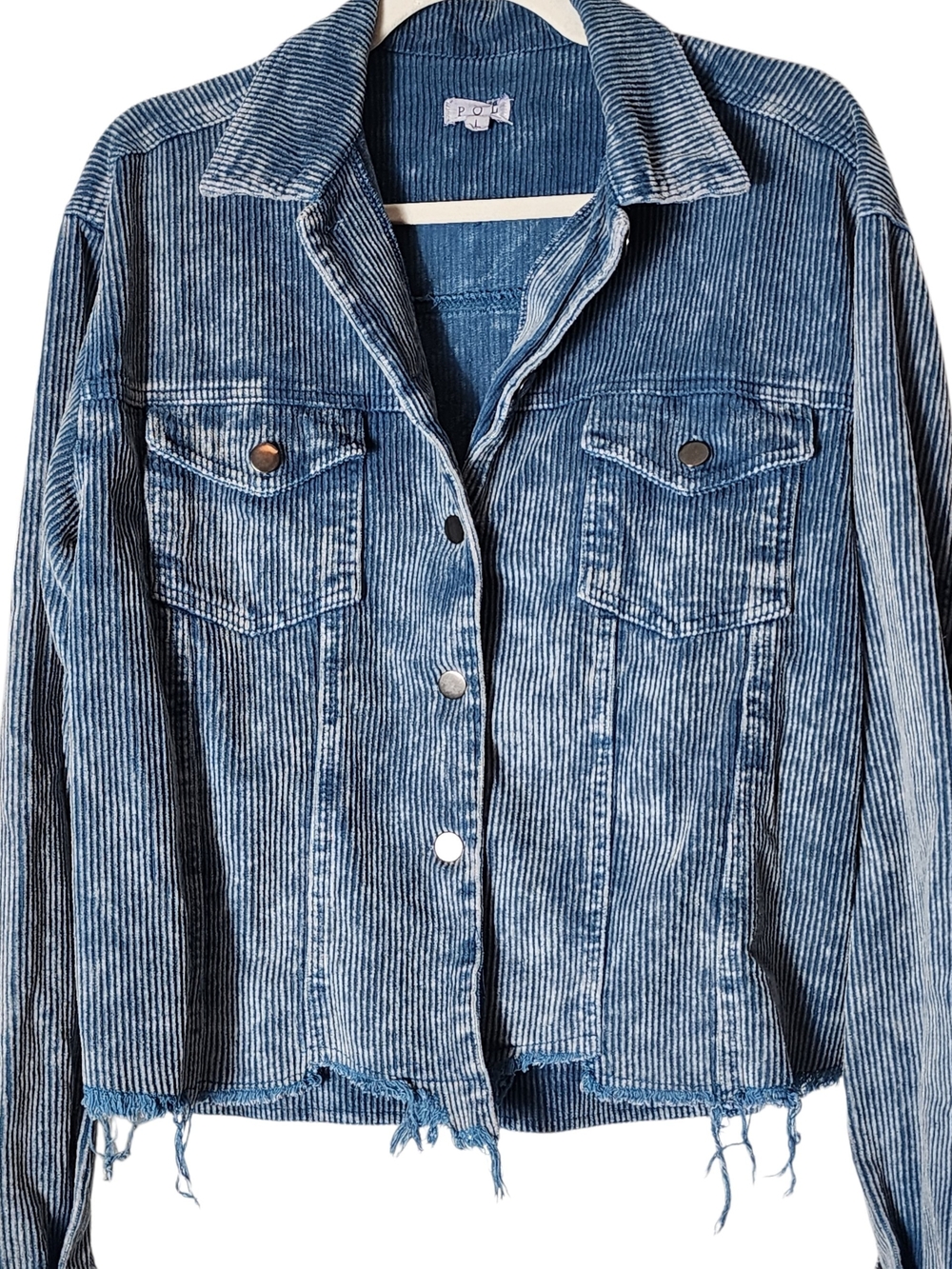 POL Blue Corduroy Jean Jacket with Distressed Hem